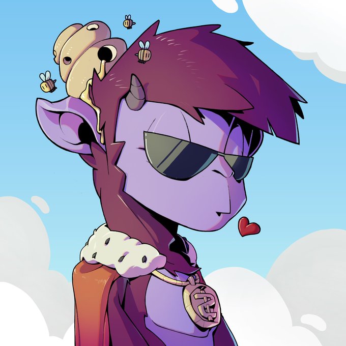 A cartoon illustration of a purple-skinned character with dark purple hair wearing sunglasses and a gold chain, with a yellow snail-like creature and bees perched on their head against a cloudy sky background.