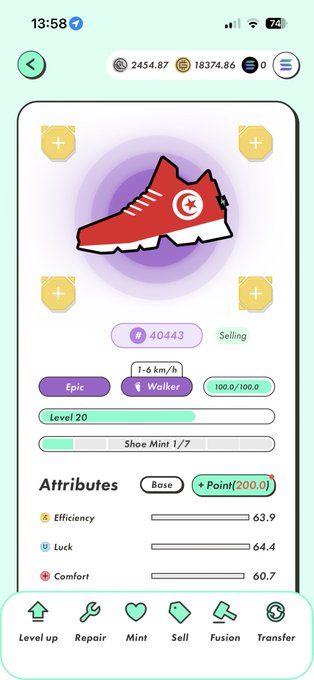 A mobile game screen showing a Level 20 Epic red sneaker (Walker) with stats including Efficiency 63.9, Luck 64.4, and Comfort 60.7, selling for 40443 coins.