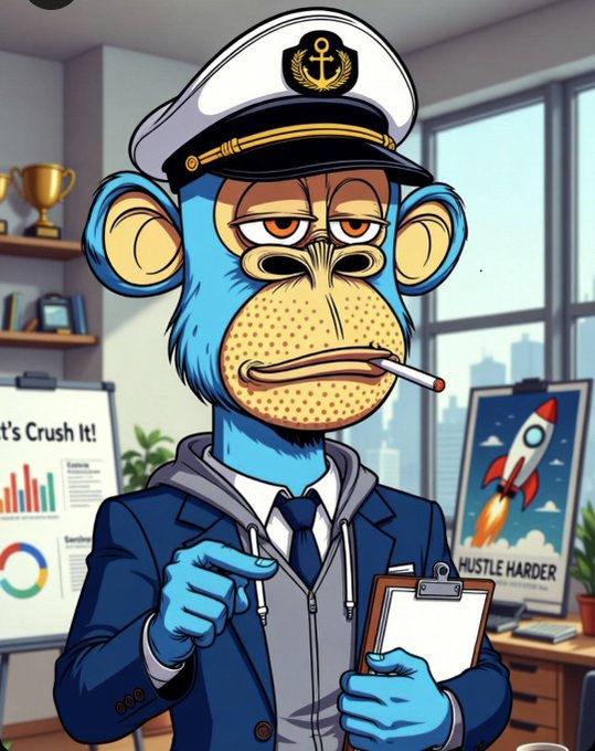 A cartoon blue monkey wearing a captain's hat and suit smokes a cigarette in an office with 'HUSTLE HARDER' and 'Let's Crush It!' posters in the background.