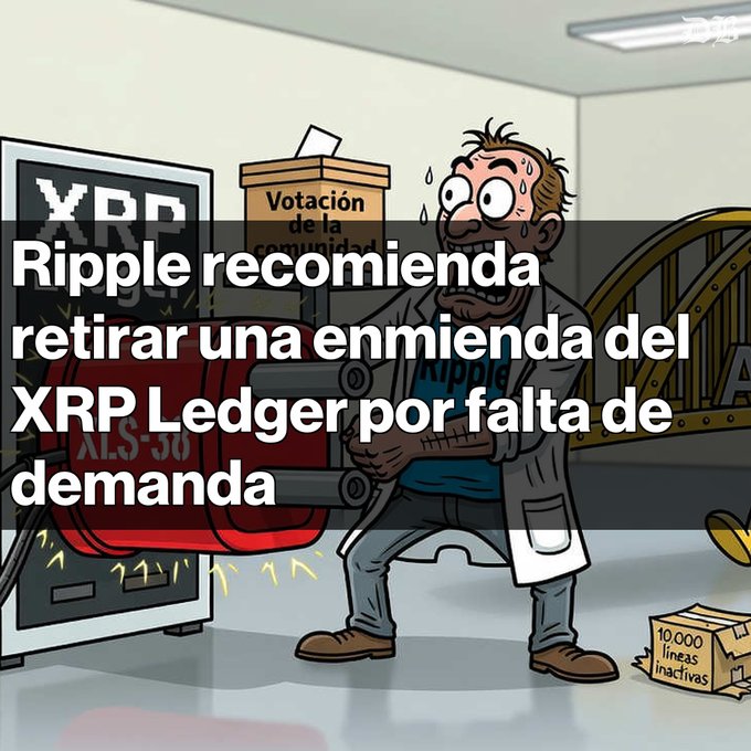 A cartoon illustration of a sweating, panicked man in a lab coat beside an XRP machine with a 'Votación de la comunidad' ballot box, with overlaid text reading 'Ripple recomienda retirar una enmienda del XRP Ledger por falta de demanda'.