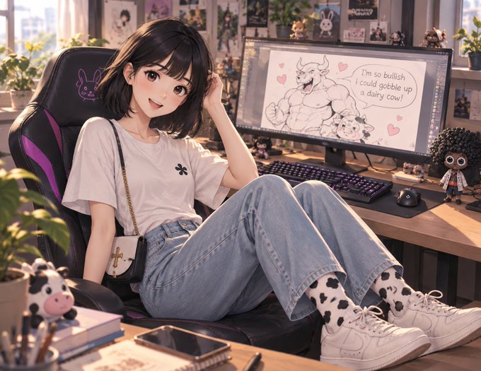 An anime-style illustration of a smiling girl sitting in a gaming chair at a desk; her computer monitor displays a bull drawing with the text 'I'm so bullish I could gobble up a dairy cow!'