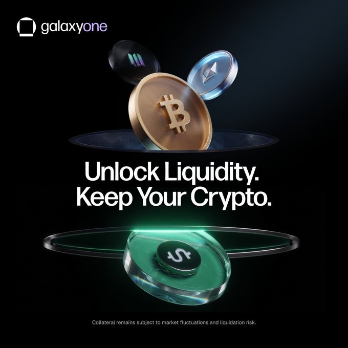A GalaxyOne advertisement promoting their new Crypto Portfolio Line of Credit with the tagline "Unlock Liquidity. Keep Your Crypto," featuring 3D renderings of Bitcoin, Ethereum, and Solana coins. The image visually reinforces the post's announcement by depicting the supported cryptocurrencies ($BTC, $ETH, $SOL) and the concept of accessing liquidity without selling holdings, along with a disclaimer noting "Collateral remains subject to market fluctuations and liquidation risk."