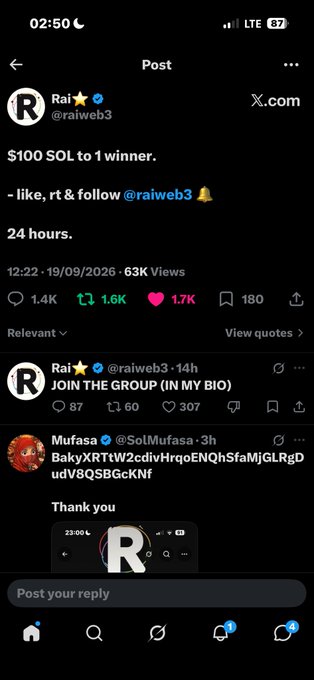 A screenshot of an X.com post by user @raiweb3 offering '$100 SOL to 1 winner' with engagement metrics showing 1.4K replies, 1.6K reposts, and 1.7K likes.