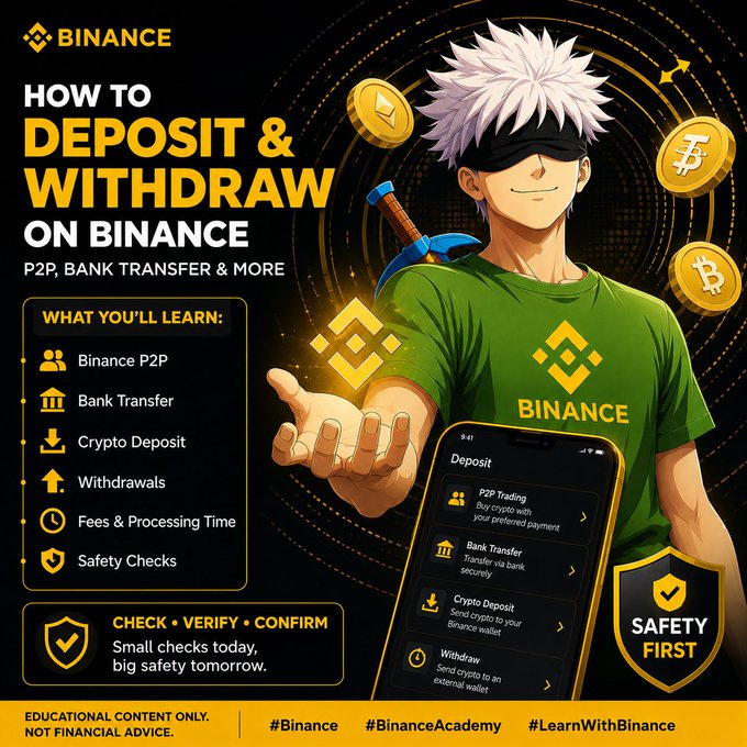 An infographic titled "HOW TO DEPOSIT & WITHDRAW ON BINANCE" featuring an anime-style blindfolded swordsman in a Binance green shirt. It outlines topics including Binance P2P, Bank Transfer, Crypto Deposit, Withdrawals, Fees & Processing Time, and Safety Checks, with hashtags #Binance, #BinanceAcademy, and #LearnWithBinance.