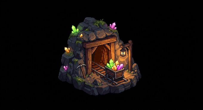 An isometric illustration of a stone mine entrance with wooden beams, a mining cart full of colorful crystals, a pickaxe, and glowing butterflies perched on the rocks.