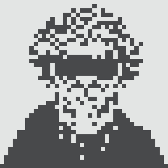 A heavily pixelated monochrome image of a person wearing glasses, with facial and clothing details obscured.