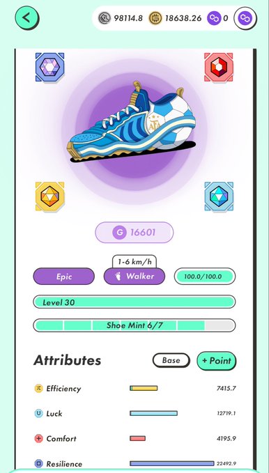 The image shows a phone screen with an app icon, which appears to be a shoe shopping app. The app has a purple background and features a blue shoe as its main focus. The app also includes information about attributes such as speed, efficiency, luck, comfort, resilience, and more. The post in the image is titled "Stepn" and is written in Japanese, indicating that it was posted on Stepn.