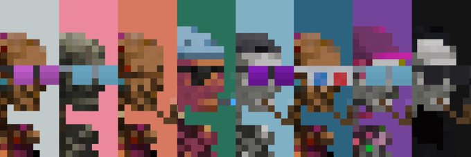 A row of pixel art character sprites shown across multiple color background panels.