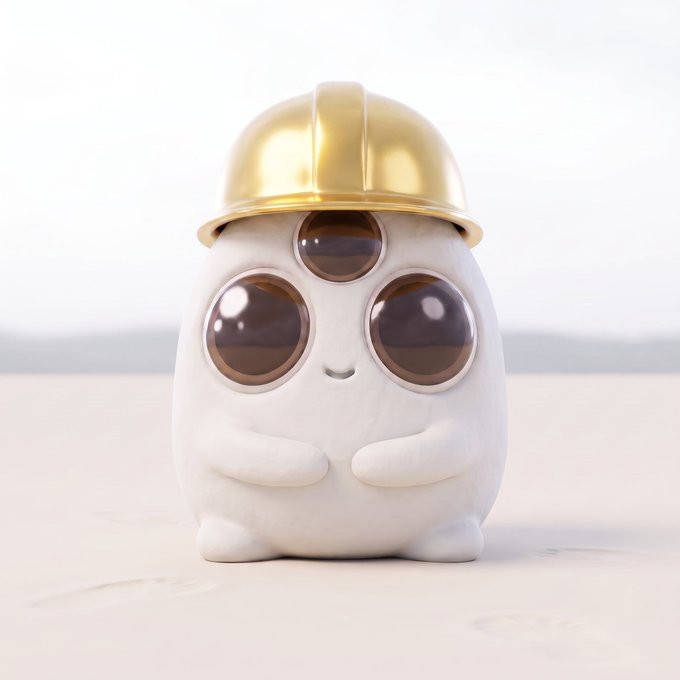 A 3D-rendered white blob-like character with three glossy brown eyes wearing a gold hard hat, standing on a sandy surface.