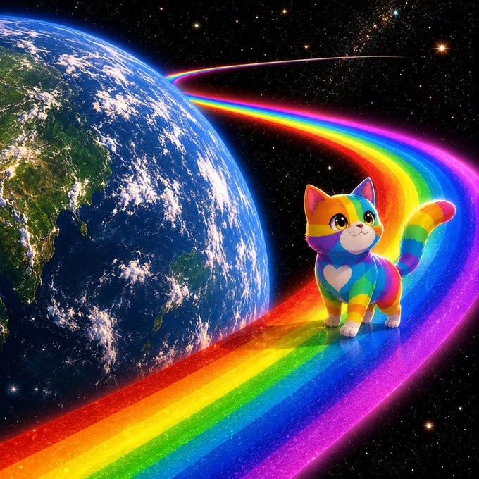 A whimsical digital artwork showing a cute, rainbow-colored cat with a heart on its chest walking along a glowing rainbow path that stretches through space around planet Earth.