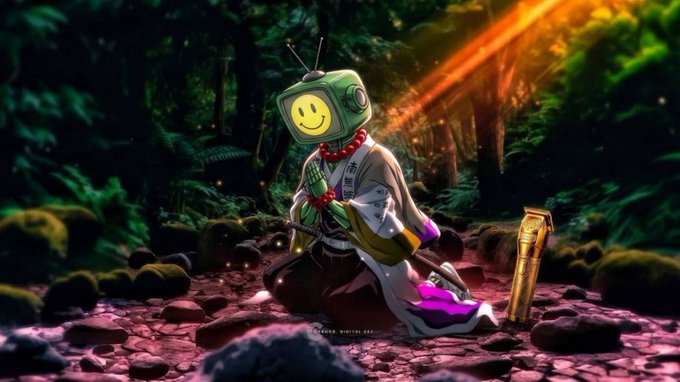 A digital illustration of a robot with a green smiley-face TV head, wearing a white kimono with traditional Japanese patterns, kneeling in a forest setting with a golden ray of light.
