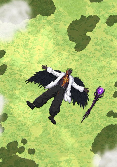 An anime-style illustration depicts a character with black wings lying on green grass next to a staff with a purple gem.
