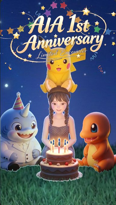 A birthday-themed promotional image for 'AIA 1st Anniversary Limited Encounter' featuring a girl with a birthday cake, accompanied by Pokémon characters Pikachu, Charmander, and a custom blue Pokémon in a suit.