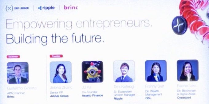 A webpage or presentation slide titled 'Empowering entrepreneurs. Building the future.' featuring XRP LEDGER, Ripple, and Brinc logos, along with photos of six panelist speakers.