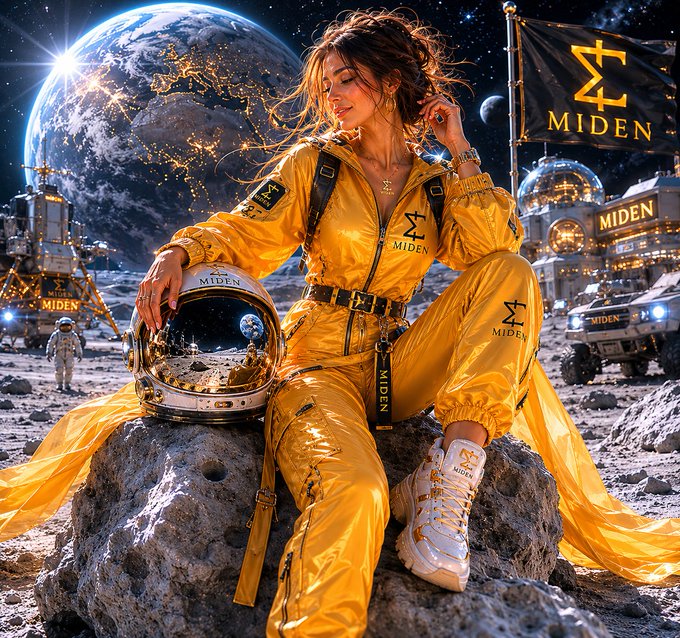The image features a woman wearing a yellow jumpsuit with a helmet and white sneakers sitting on a rock. The background of the image shows a planet, possibly Mars, with several spaceships visible. The caption for the image reads "The more I watch @0xMiden, the more it feels like they're building a blockchain for a world after blockchains". This suggests that the woman is intrigued by the concept of Miden and its potential impact on the future of cryptocurrency or blockchain technology.