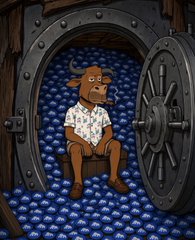A cartoon cow wearing a Hawaiian shirt sitting inside an open bank vault filled with piles of blue coins.
