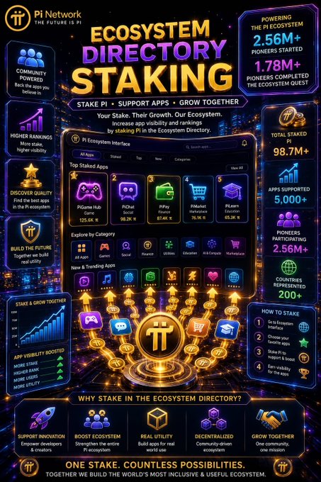A promotional infographic for "Pi Network ECOSYSTEM DIRECTORY STAKING" showing stats like 2.56M+ pioneers, 98.7M+ total staked, and 5,000+ supported apps.