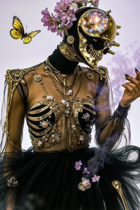 A fantastical figure wearing an ornate golden skull mask with a galaxy pattern, adorned with pearls and pink flowers, set against a light purple background.