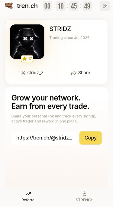 A Tren.ch profile screenshot for user "STRIDZ" (@stridz_z) showing a trading track record timer (00:10:45:49), a 17-star badge, and a referral link copy box at tren.ch/@stridz_ that lets users track signups and earn rewards—matching the post's pitch about joining, connecting an X account, and sharing the link to collect Stars potentially worth SOL.