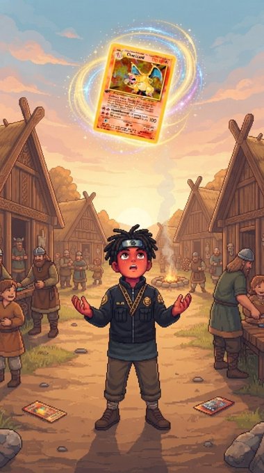 An illustrated scene shows a young man with glowing red eyes standing in a Viking village, with a holographic Pokémon card floating above his head and discarded cards on the ground.