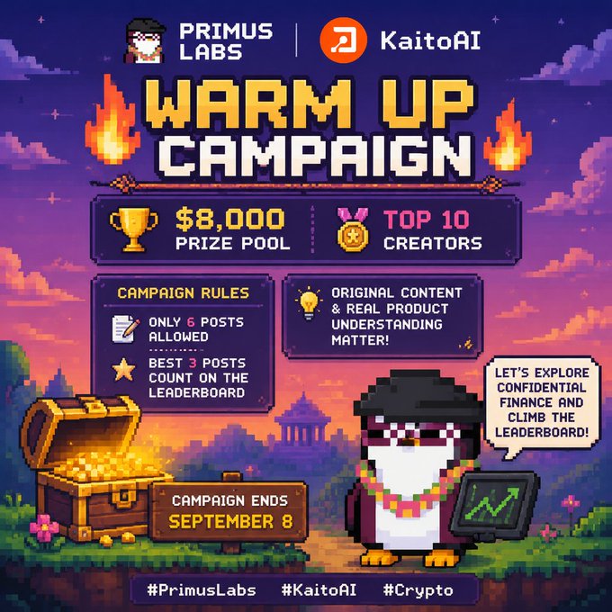 Pixel art promotional graphic for a 'WARM UP CAMPAIGN' by PRIMUS LABS and KaitoAI, advertising an $8,000 prize pool for the top 10 creators with the campaign ending September 8.