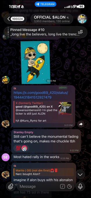 A screenshot of the "Official Salon" Telegram group (166024) shows a pinned message and shared artwork of a character in a yellow helmet riding a rocket labeled "ALON," with members discussing the ALON ticker, including one joking about a "monumental fading" and another noting "Imagine if alon buys with his alonalon."