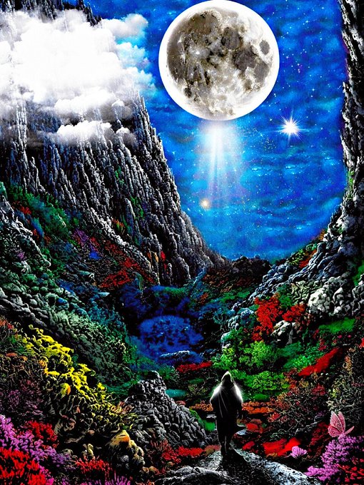 A vibrant fantasy artwork depicting a cloaked figure looking up at a massive full moon illuminating a colorful, surreal canyon landscape filled with lush foliage in shades of green, red, yellow, and purple.