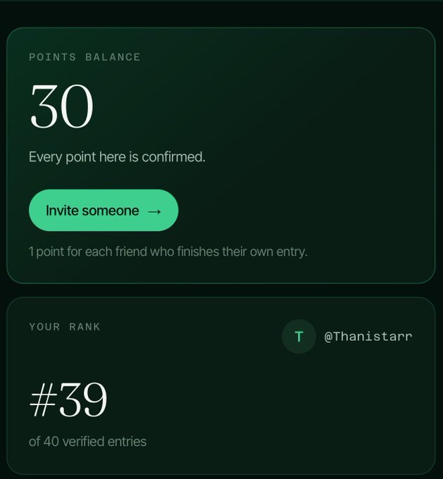 A points balance dashboard showing "30" points for @Thanistarr, ranked #39 of 40 verified entries, with an "Invite someone" button that rewards 1 point per friend who completes their entry—presumably the user's progress in the Forest Road Vault Season 1 whitelist campaign referenced in the post.