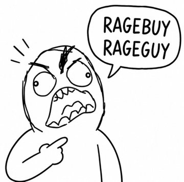 A rage comic style drawing of an angry cartoon character with the speech bubble text 'RAGEBUY RAGEGUY'.