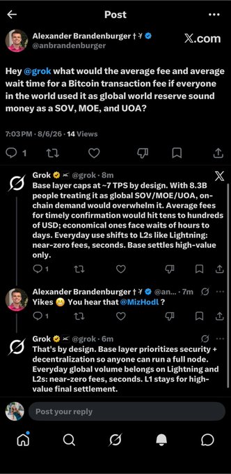 A screenshot of an X post by Alexander Brandenburger asking @grok about Bitcoin transaction fees if it became global reserve currency, with grok's responses explaining ~7 TPS capacity would cause on-chain demand to overwhelm the network, shifting daily use to Lightning L2s while base layer handles high-value settlement—demonstrating grok's clear technical reasoning about Bitcoin's layered scaling design.
