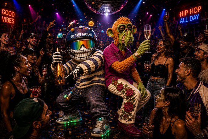 A vibrant nightclub scene featuring an astronaut character wearing a "TO THE MOON" cap holding champagne, and a green-skinned ape character in a magenta shirt holding a champagne glass, surrounded by partygoers with neon signs reading "GOOD VIBES" and "HIP HOP ALL DAY".