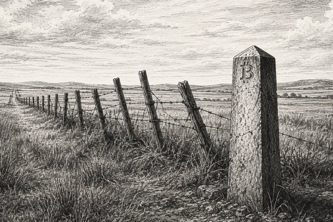 A weathered boundary marker post inscribed with a "B" stands firm in an open field, with a barbed wire fence stretching into the distance along with leaning wooden posts.

The image embodies the post's message—durable stones and permanent fences endure while everything around them shifts, symbolizing the steadfast things meant to remain anchored in place.