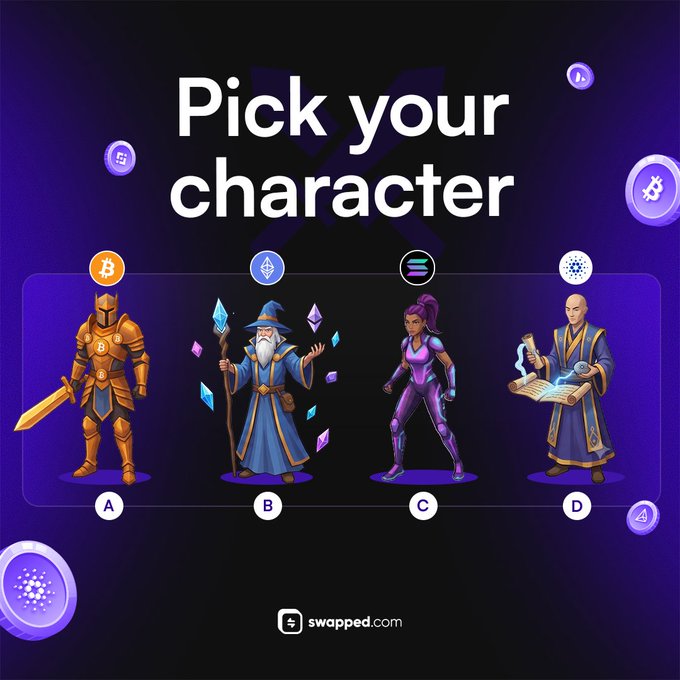 This image prompts you to "Pick your character" and features four stylized crypto-themed characters labeled A, B, C, and D, each representing Bitcoin, Ethereum, Solana, and Cardano respectively. The accompanying post asks which character you would choose for an entire bull run, directly referencing the image's selection of cryptocurrency avatars.