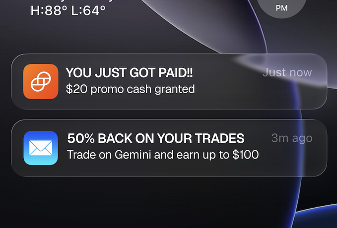 A smartphone lock screen displays two push notifications: a top alert from an orange cloud icon reading "YOU JUST GOT PAID!! $20 promo cash granted" sent "Just now," and a second notification from a blue envelope icon stating "50% BACK ON YOUR TRADES — Trade on Gemini and earn up to $100" sent "3m ago," while the post's "Football is Back / Week 1" headline is absent from the visible notifications, with only the 50% back offer on Gemini trades matching the promotional content.