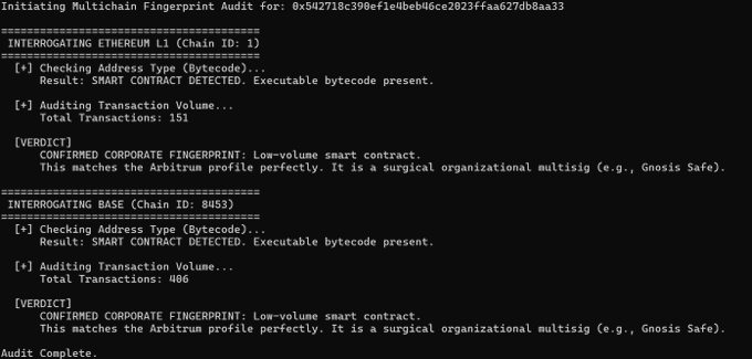 A terminal-style audit output confirming that the deployer address 0x542718c390ef1e4beb46ce2023ffaa627db8aa33 is a low-volume smart contract wallet across both Ethereum L1 (Chain ID: 1, 151 transactions) and Base (Chain ID: 8453, 406 transactions), matching the "surgical organizational multisig (e.g., Gnosis Safe)" profile—which visually supports the post's claim that the $WALLET deployer is not a typical seed phrase wallet but rather a smart contract wallet deployed identically across multiple chains.