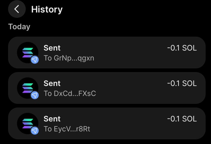 A dark-themed transaction history screen displaying three completed "Sent" transfers of 0.1 SOL each, addressed to GrNp...qgxn, DxCd...FXsC, and EycV...r8Rt, which correspond to the three giveaway winners listed in the post.