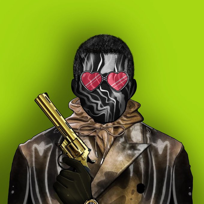 A stylized digital illustration of a figure with a marbled black face wearing heart-shaped sunglasses and holding a golden revolver against a bright green background.