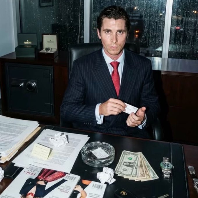 The image features a man dressed in a suit, sitting at his desk with a stack of money next to him. He appears to be holding some papers or documents while seated at the desk. The scene suggests that he might be involved in financial matters or possibly working on a project related to finance. The post about sizing into $ton and waiting seems to be referring to the man's situation, as if he is waiting for something related to his finances or business.