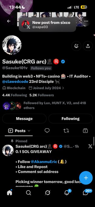 A mobile screenshot of the X (Twitter) profile for "Sasuke(CRG arc)" @Sasuke101v showing a pinned post for a "0.1 SOL GIVEAWAY" with instructions to follow, like, repost, and comment a SOL address.
