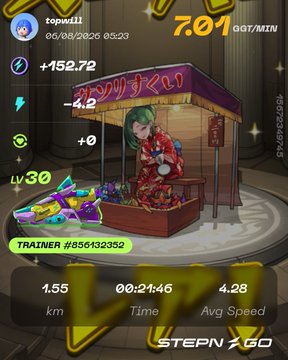 A StepN GO fitness app screenshot showing a virtual avatar character at a stall, with the username 'togu111', LV 30, trainer ID #856432352, and run stats of 1.55 km in 00:21:46.