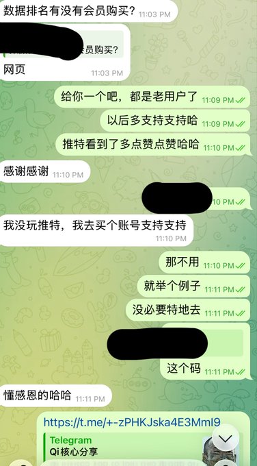 A screenshot of a Chinese-language chat conversation on WhatsApp with a green doodle background, discussing data rankings, membership purchases, and sharing a Telegram link.