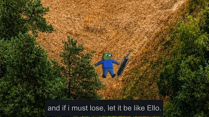 An aerial view shows a green frog character in a blue outfit lying on a barren hillside with a black suitcase, captioned "and if i must lose, let it be like Ello."