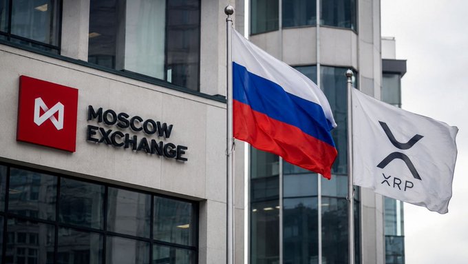 The image features two Russian flags flying next to a building with the Moscow Exchange logo, along with an XRP symbol. The text "XRP whales started increasing accumulation after the Moscow Exchange launched its official #XRP index." This suggests that the exchange's announcement of the launch of the XRP whale index has led to an increase in the value of XRP tokens.