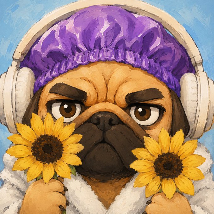 A painted illustration of a pug dog wearing a purple shower cap and white headphones, holding two sunflowers over its ears against a blue sky background.