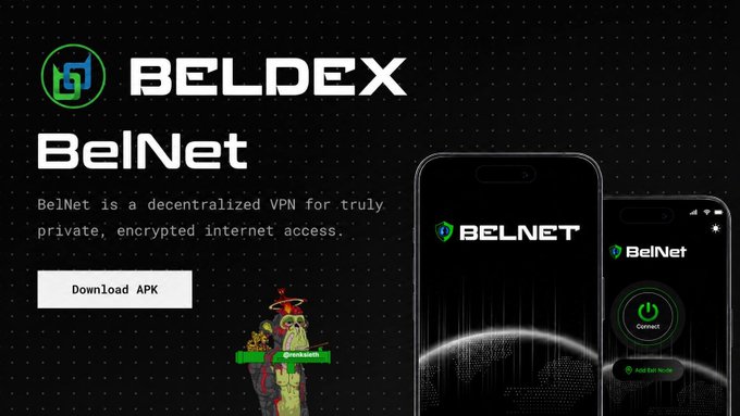 Promotional graphic for "BELDEX BelNet" describing it as "a decentralized VPN for truly private, encrypted internet access" with a "Download APK" button, two phone screenshots showing the BelNet app interface, and a cartoon character with a cowboy hat giving the peace sign.