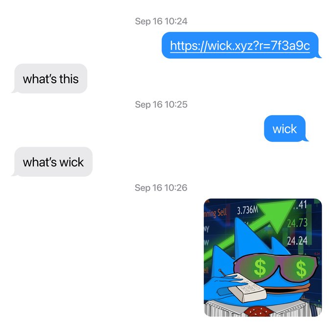 A text message conversation showing someone sending a 'wick.xyz' link, followed by an image of a cartoon Bitcoin character wearing dollar-sign sunglasses amid rising stock charts.