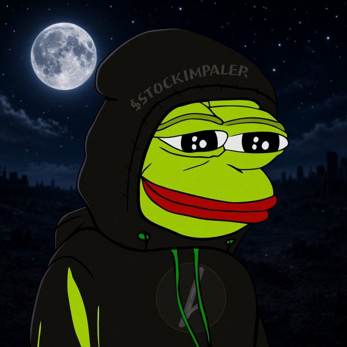 A Pepe the Frog meme character wearing a black hoodie with green drawstrings stands against a night sky with a full moon, watermarked 'STOCKIMPALER'.