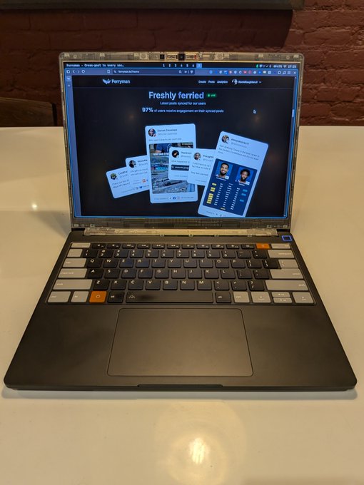 A laptop sits open on a table, displaying the ferryman.io website with the headline "Freshly ferried" and a claim that "97% of users make engagement on their spilled posts." The image supports the post's claim by showcasing the ferryman.io platform that promises effortless engagement and views for social media content.