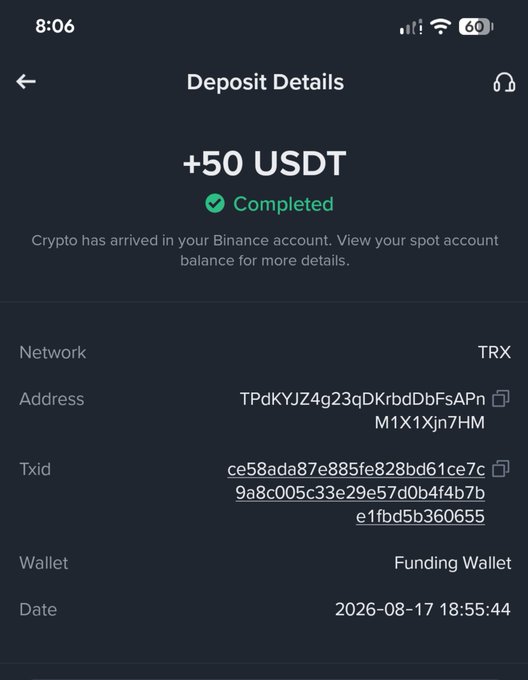 A mobile deposit confirmation screen showing +50 USDT completed on TRX network to address TPdKYJZ4g23qDKrbdDbFsAPnM1X1Xjn7HM, dated 2026-08-17.