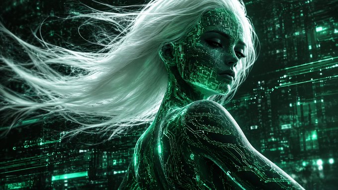 A cybernetic figure with flowing white hair and glowing green circuit-like patterns across her body and face stands against a dark, digital cityscape illuminated in neon green. The image embodies the "Green" theme of Toshi's Daily Challenge, with the futuristic android aesthetic and circuitry details visually representing the color through its striking emerald glow.